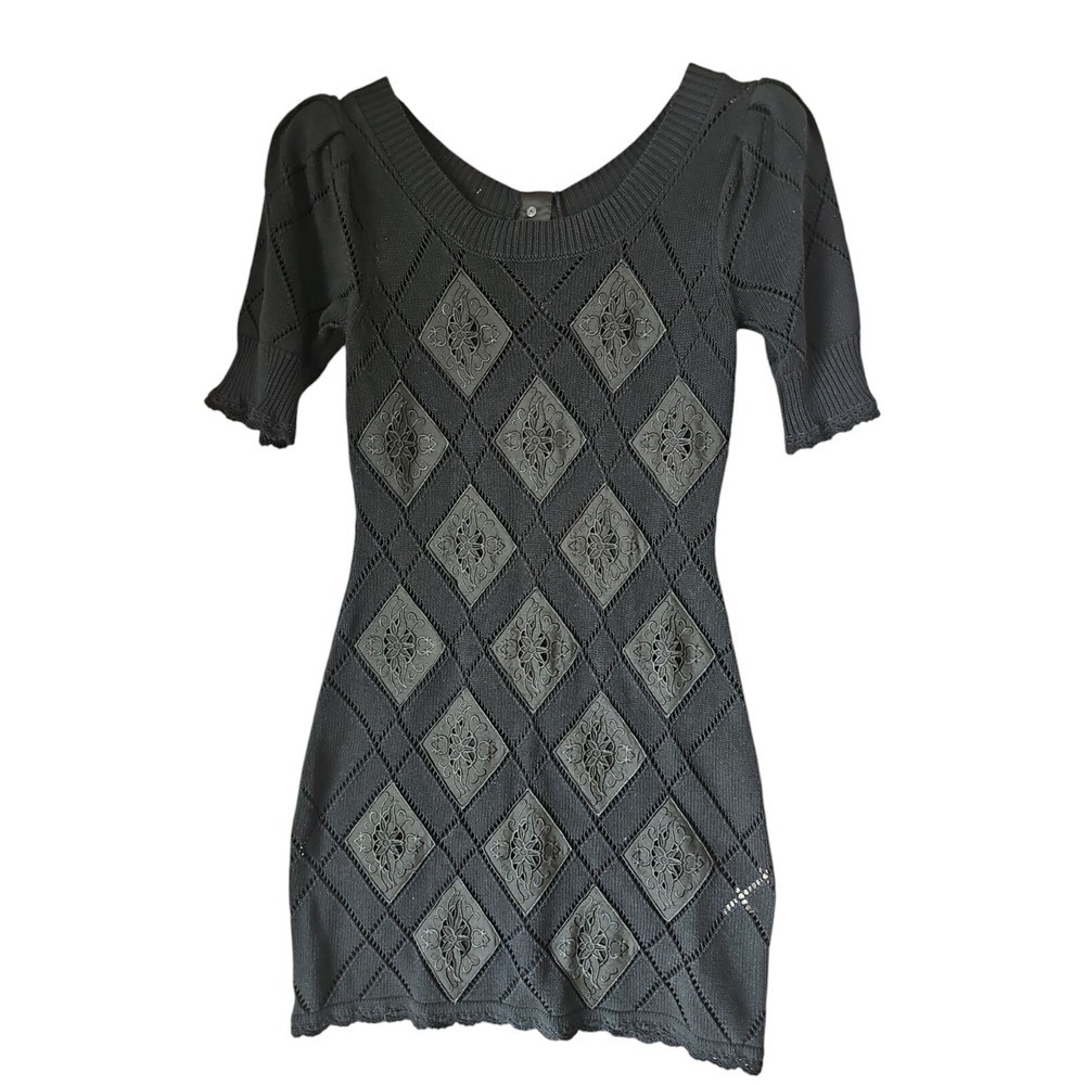 LOVESHACKFANCY Katara Open Knit Black Short Sleeve Stretch Mini Dress Size‎ S